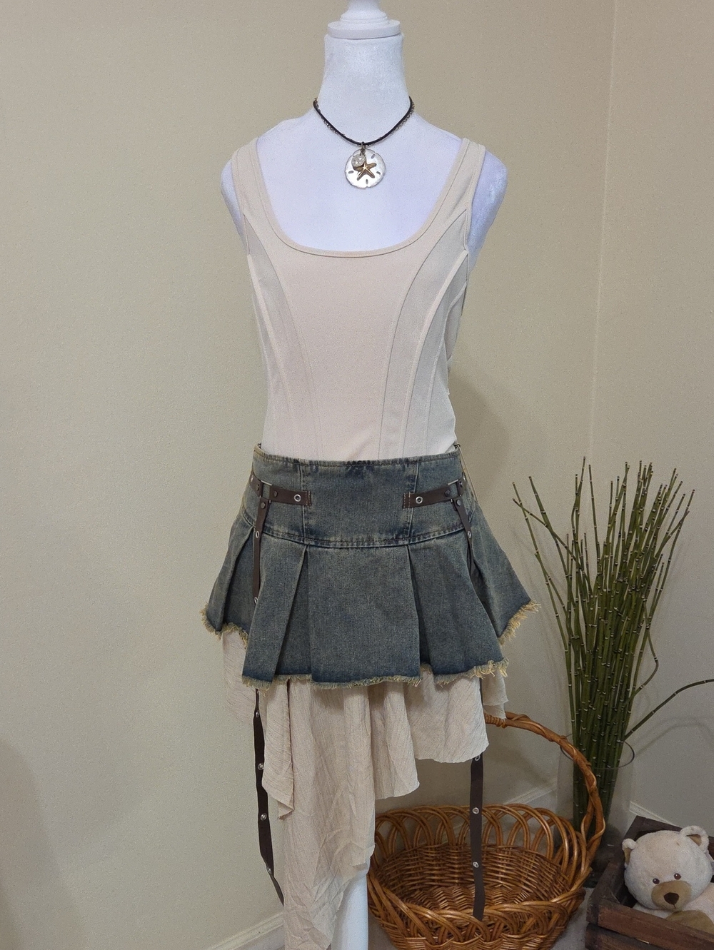 2 Piece Set Layered Beige and Denim Pleated Asymetrical Mini Skirt Short +Top